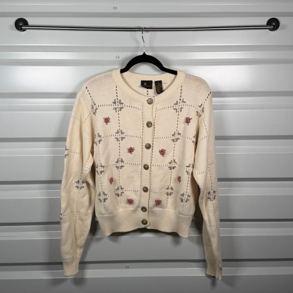 Lizsport Vintage Floral Embroidered Pointelle Cotton Cardigan Sweater Cream